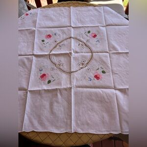 VTG White Embroidered Floral Applique Linen Napkin Set  Edging  7pc Cottagecore